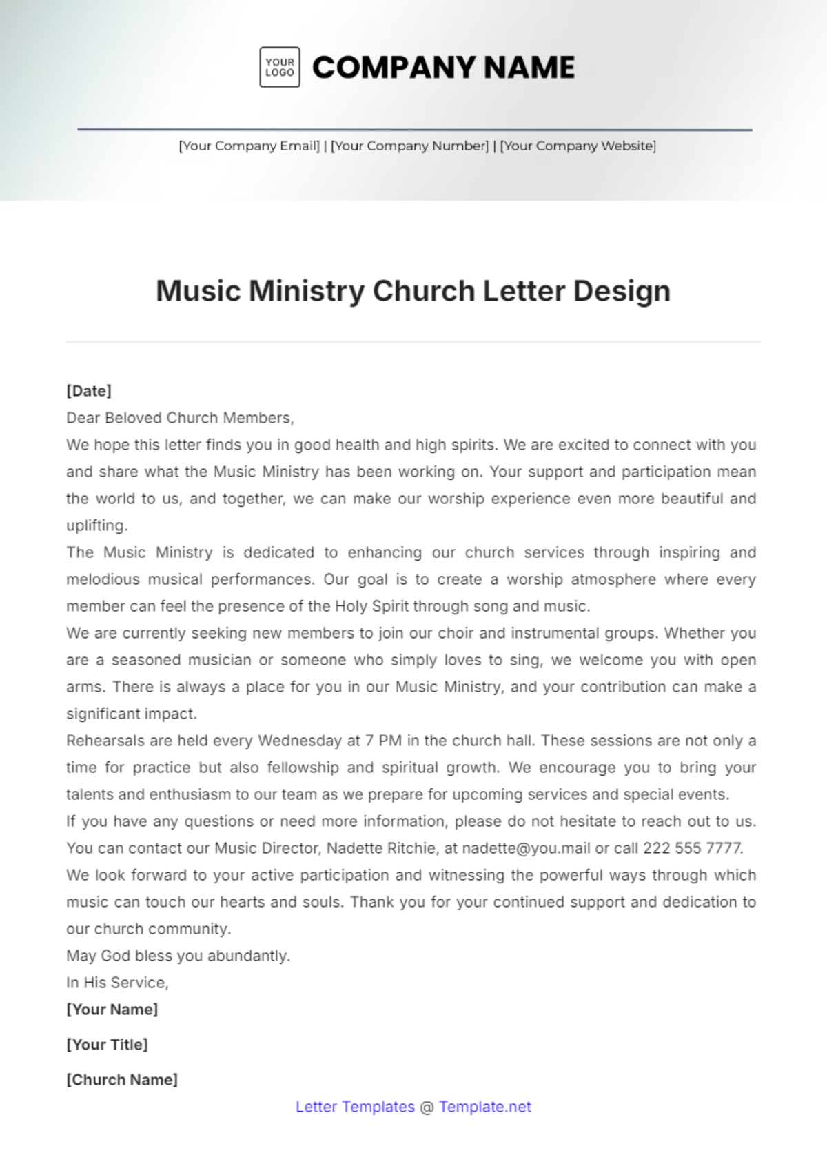 Music Ministry Church Letter Design Template - Edit Online & Download