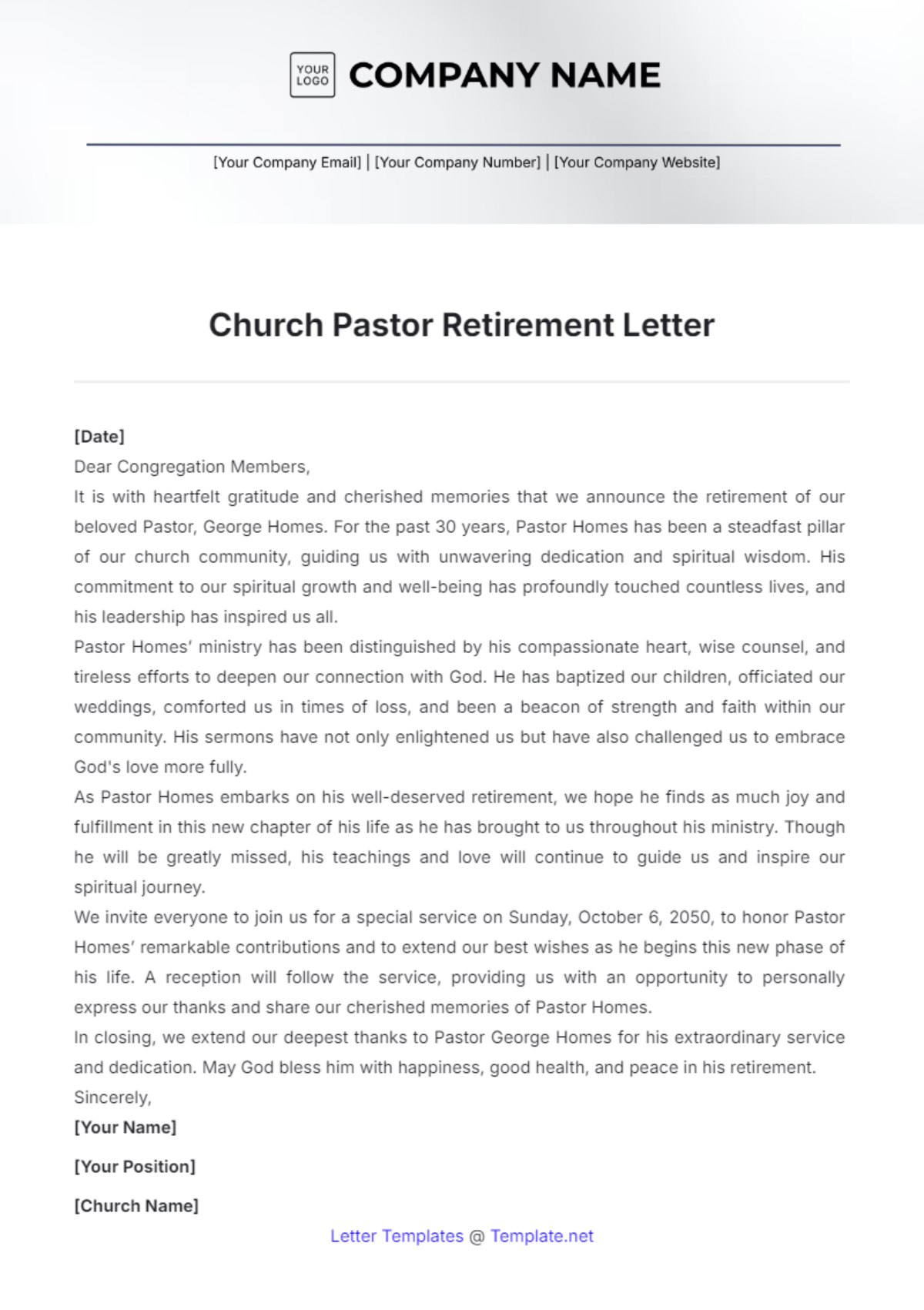 Church Pastor Retirement Letter Template - Edit Online & Download