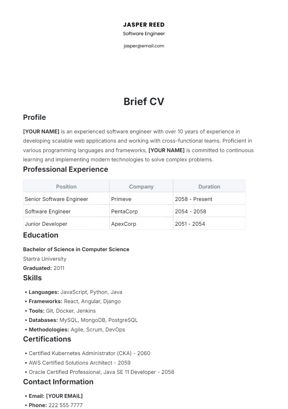 Free Brief CV Template - Edit Online & Download | Template.net