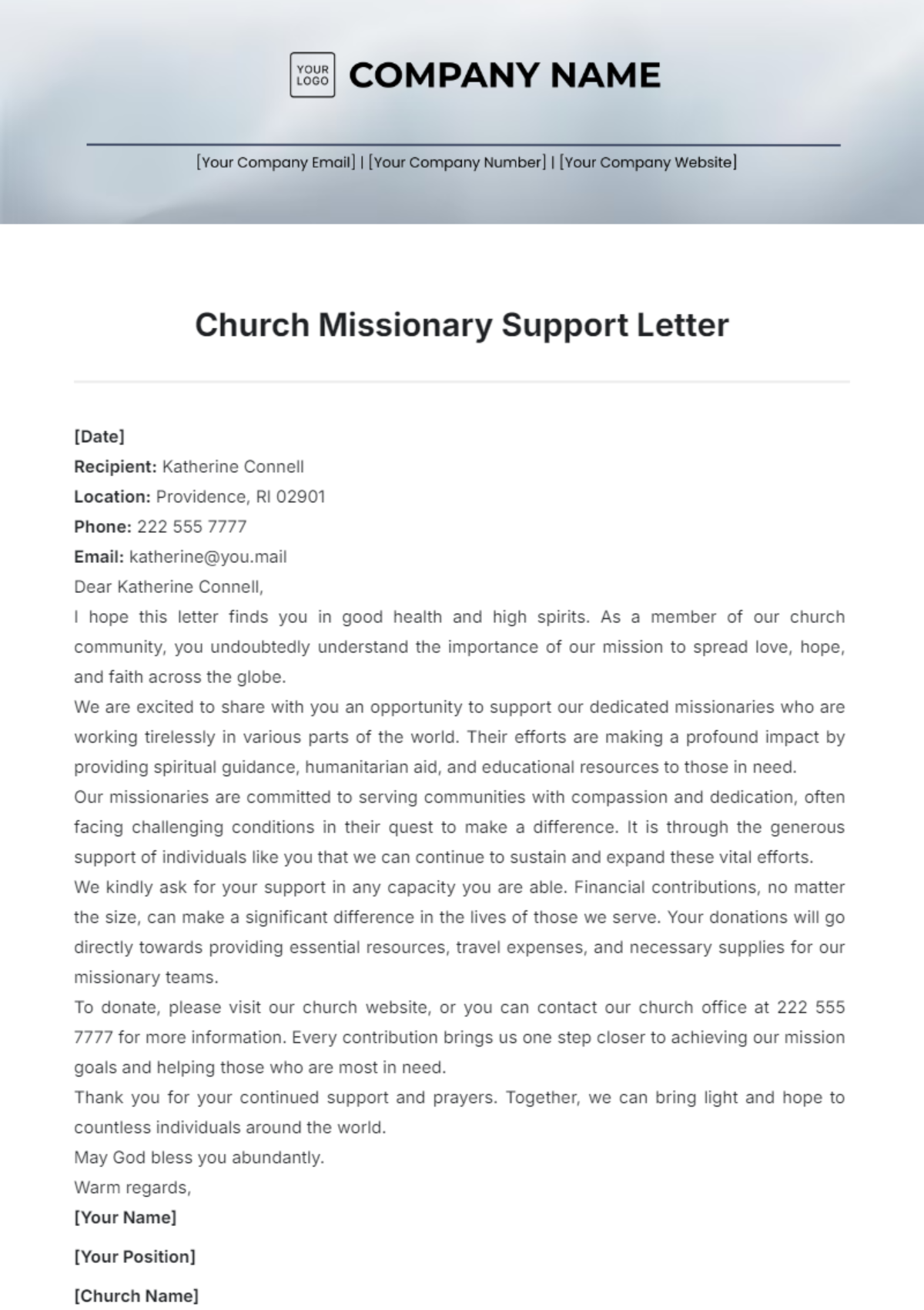 Church Missionary Support Letter Template - Edit Online & Download