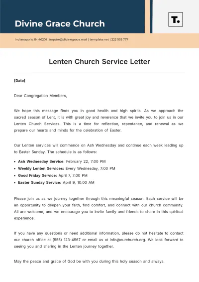 Free Lenten Church Service Letter Template to Edit Online