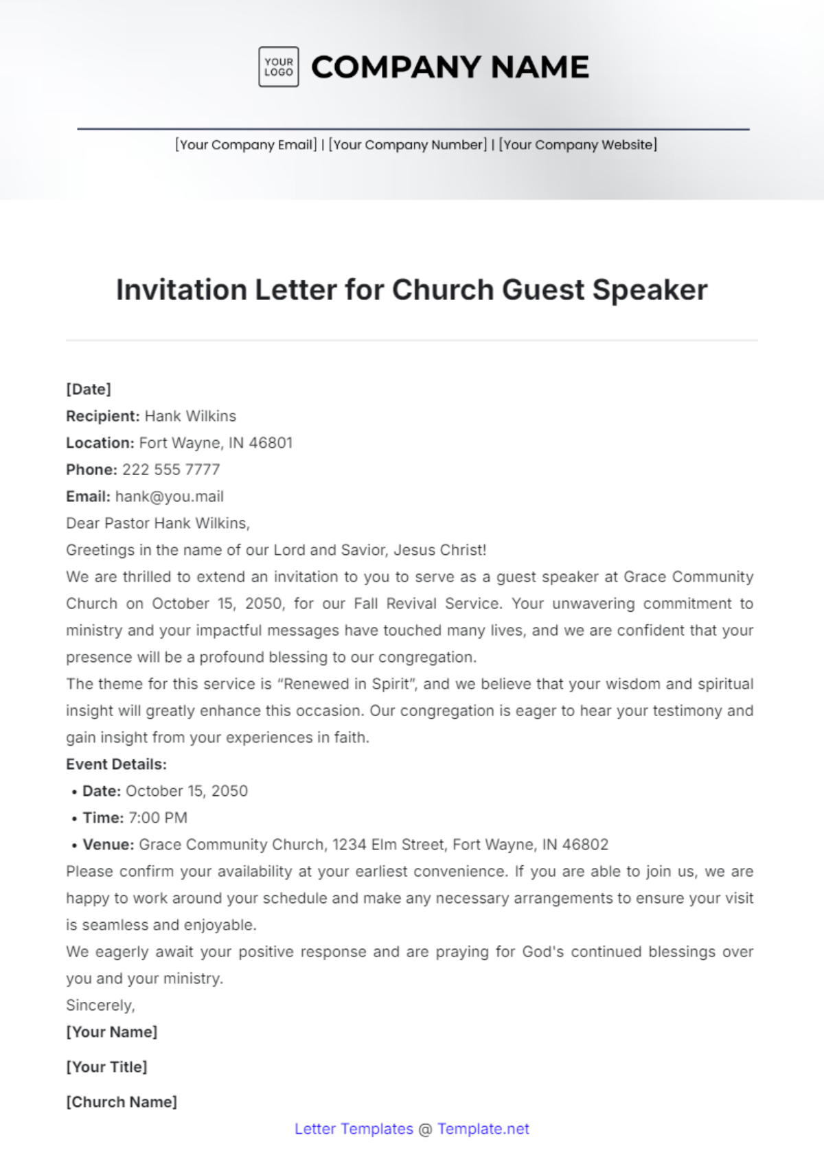 Invitation Letter for Church Guest Speaker Template - Edit Online & Download