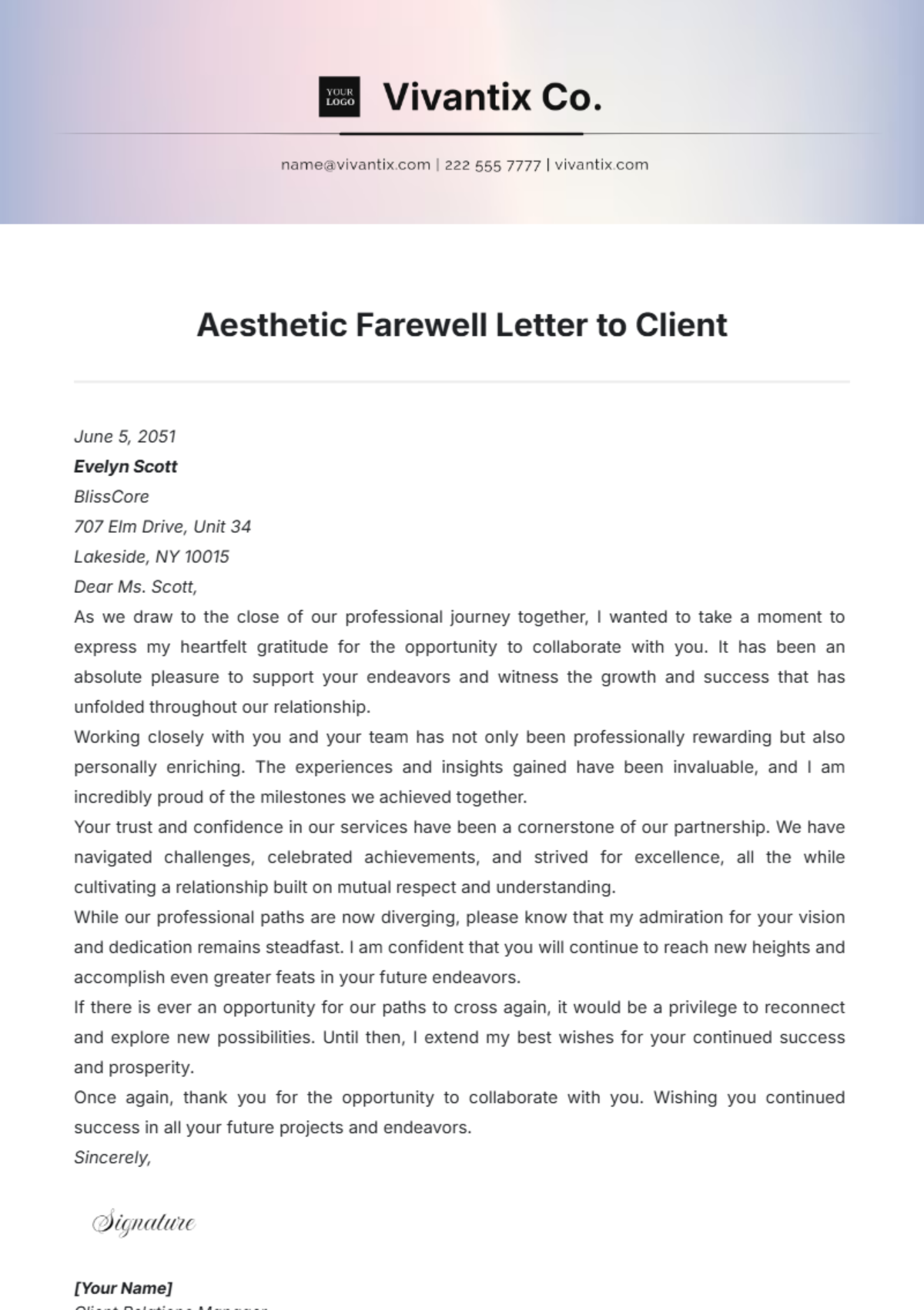 Aesthetic Farewell Letter to Client Template - Edit Online & Download