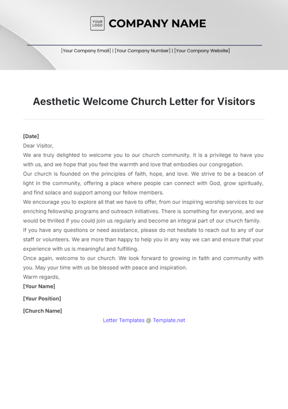 Aesthetic Welcome Church Letter for Visitors Template - Edit Online & Download