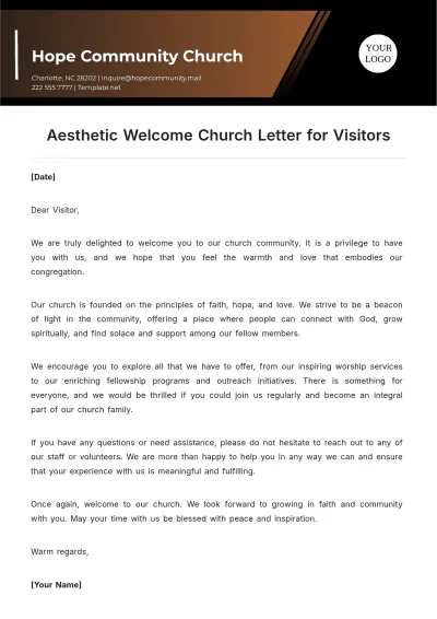 Free Aesthetic Welcome Church Letter for Visitors Template to Edit Online