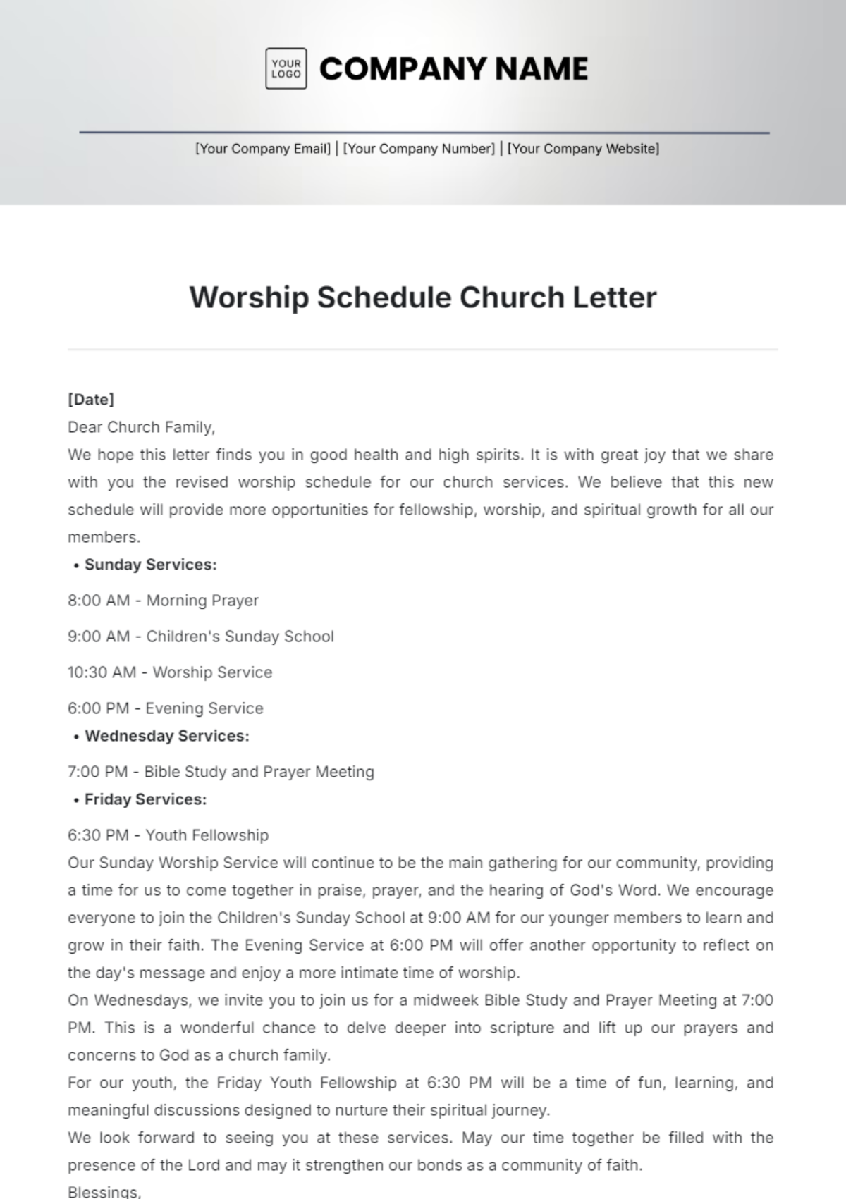 Worship Schedule Church Letter Template - Edit Online & Download