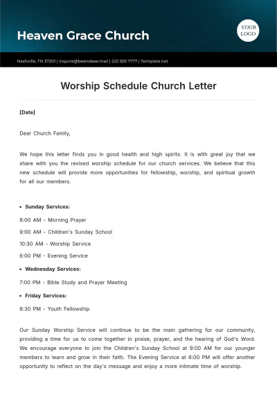 Free Worship Schedule Church Letter Template to Edit Online