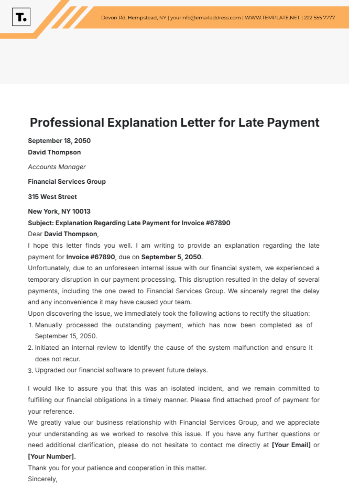 Free Explanation Letter for Late Payment Template