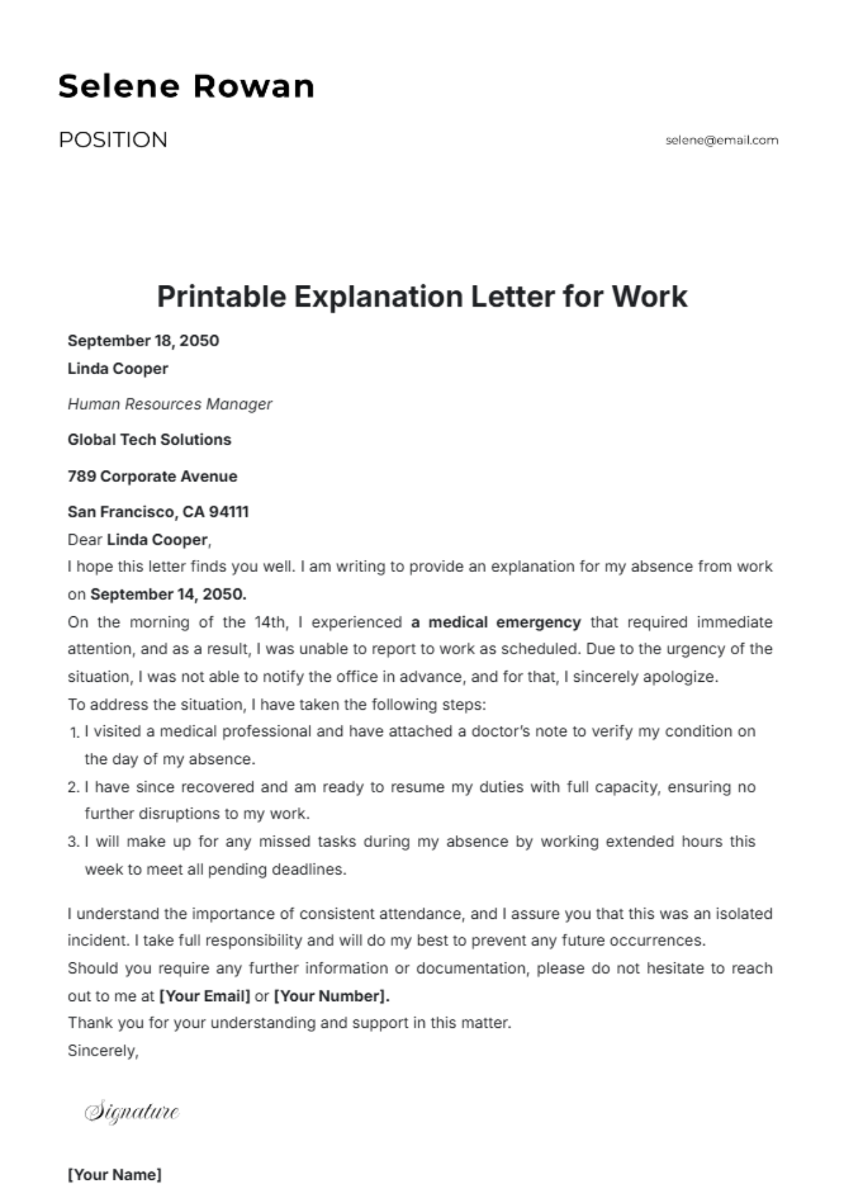 Free Printable Explanation Letter for Work Template