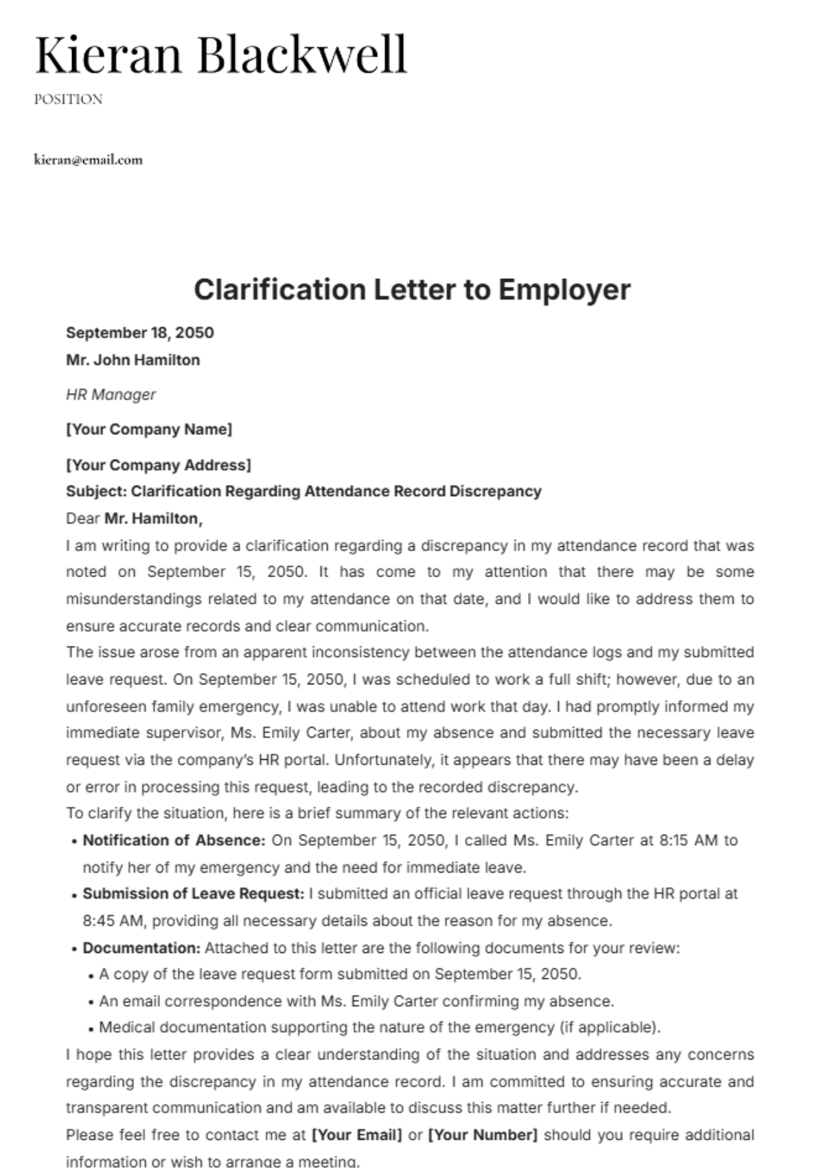 Free Clarification Letter to Employer Template