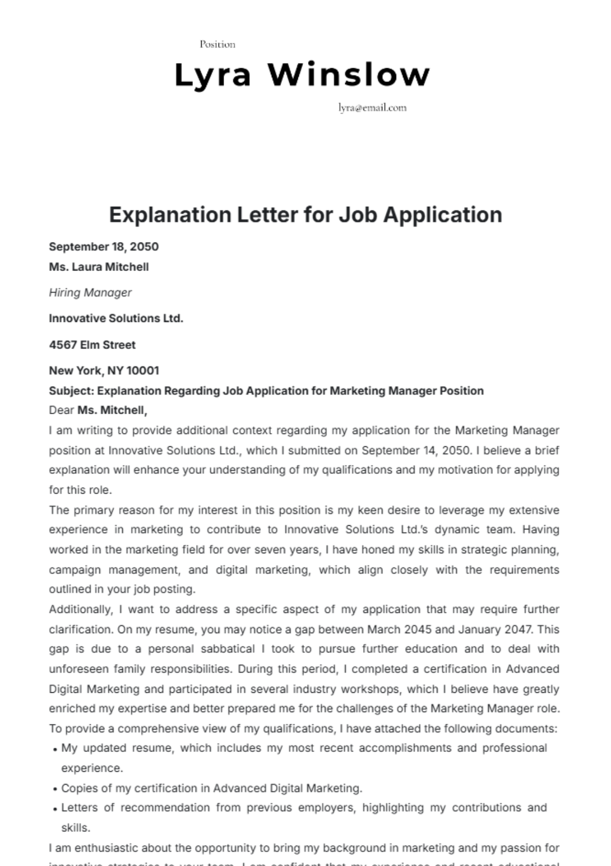 Free Explanation Letter for Job Application Template