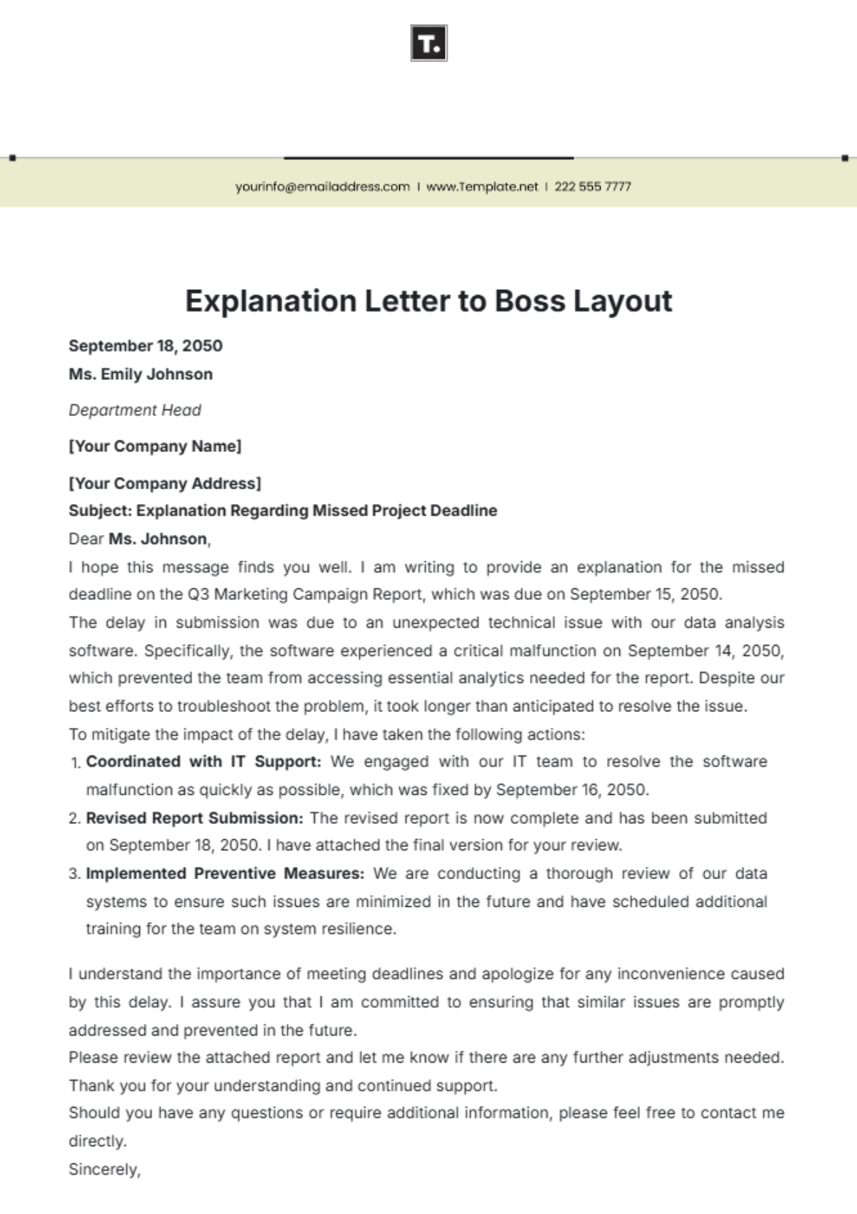 Free Explanation Letter to Boss Layout Template