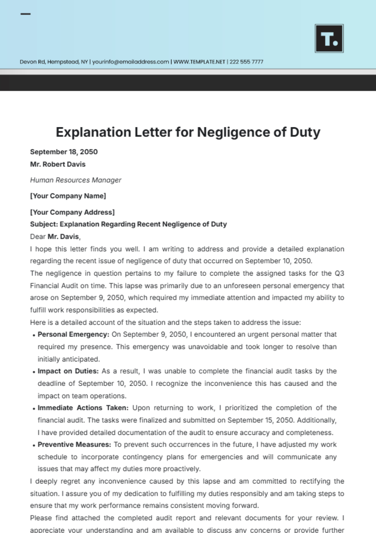 Free Explanation Letter for Negligence of Duty Template