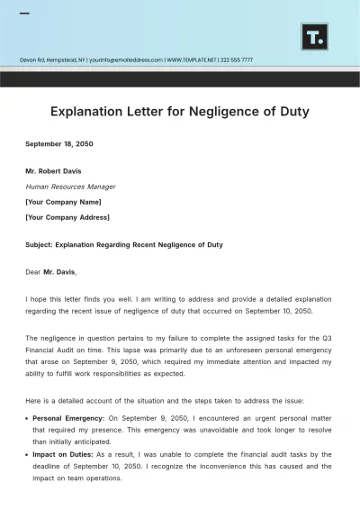 Free Explanation Letter for Negligence of Duty Template to Edit Online