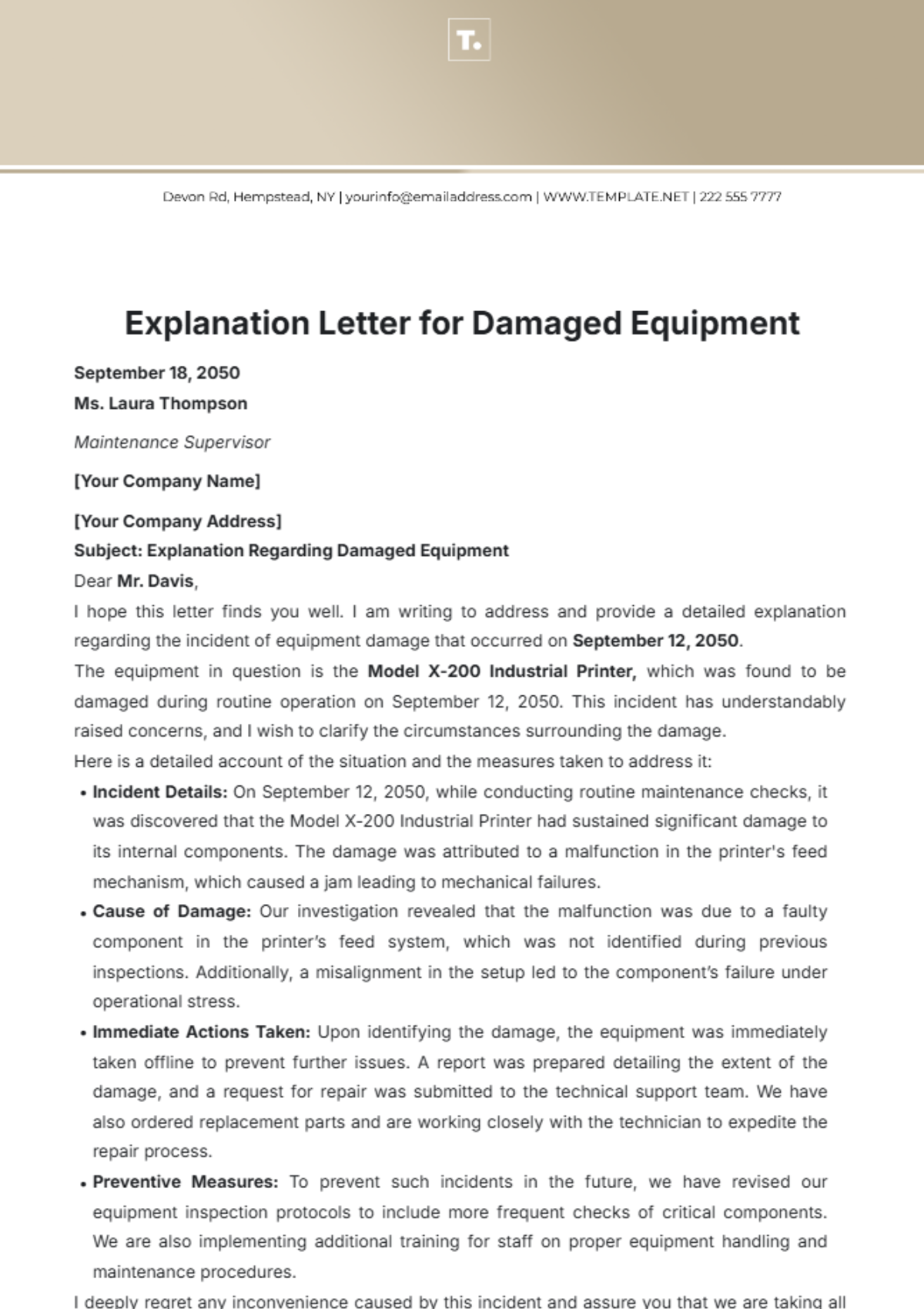 Free Explanation Letter for Damaged Equipment Template