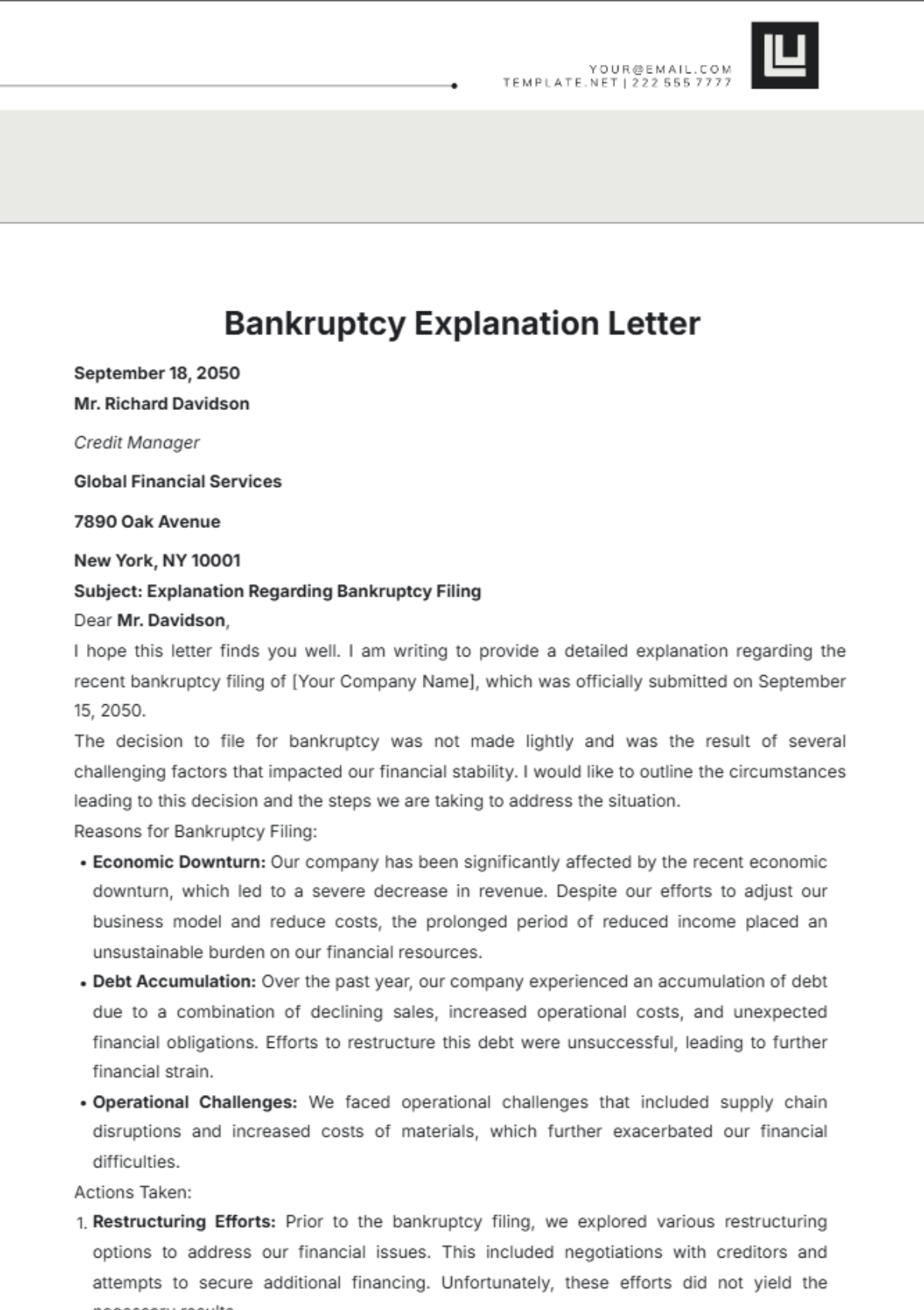 Bankruptcy Explanation Letter Template - Edit Online & Download