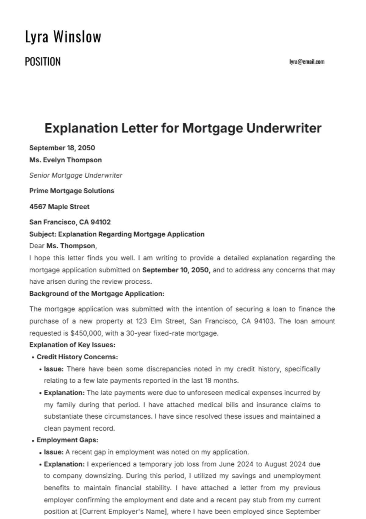 Explanation Letter for Mortgage Underwriter Template - Edit Online & Download