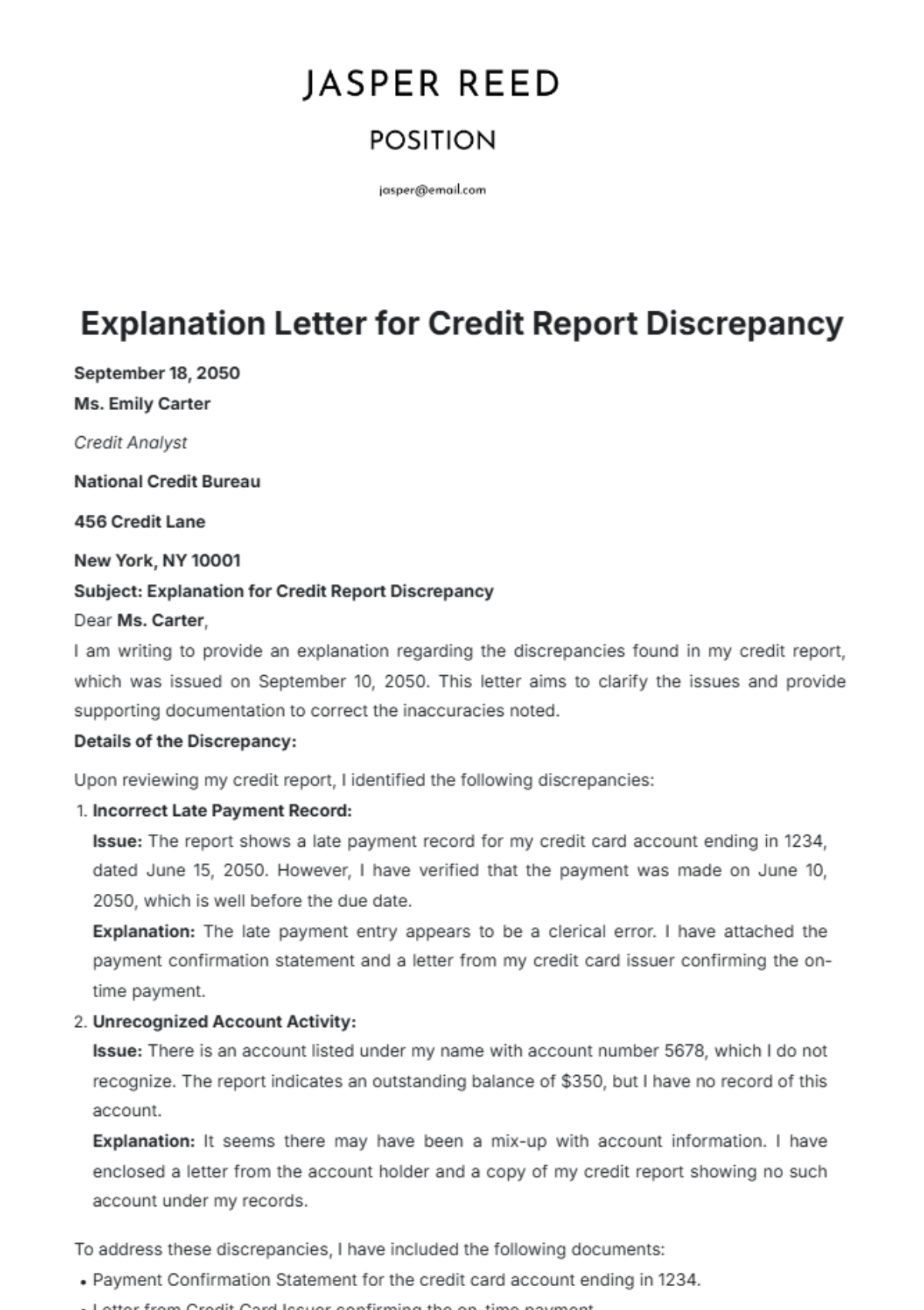 Free Explanation Letter for Credit Report Discrepancy Template