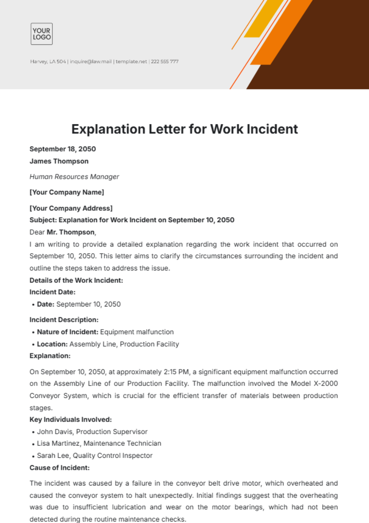 Free Explanation Letter for Work Incident Template