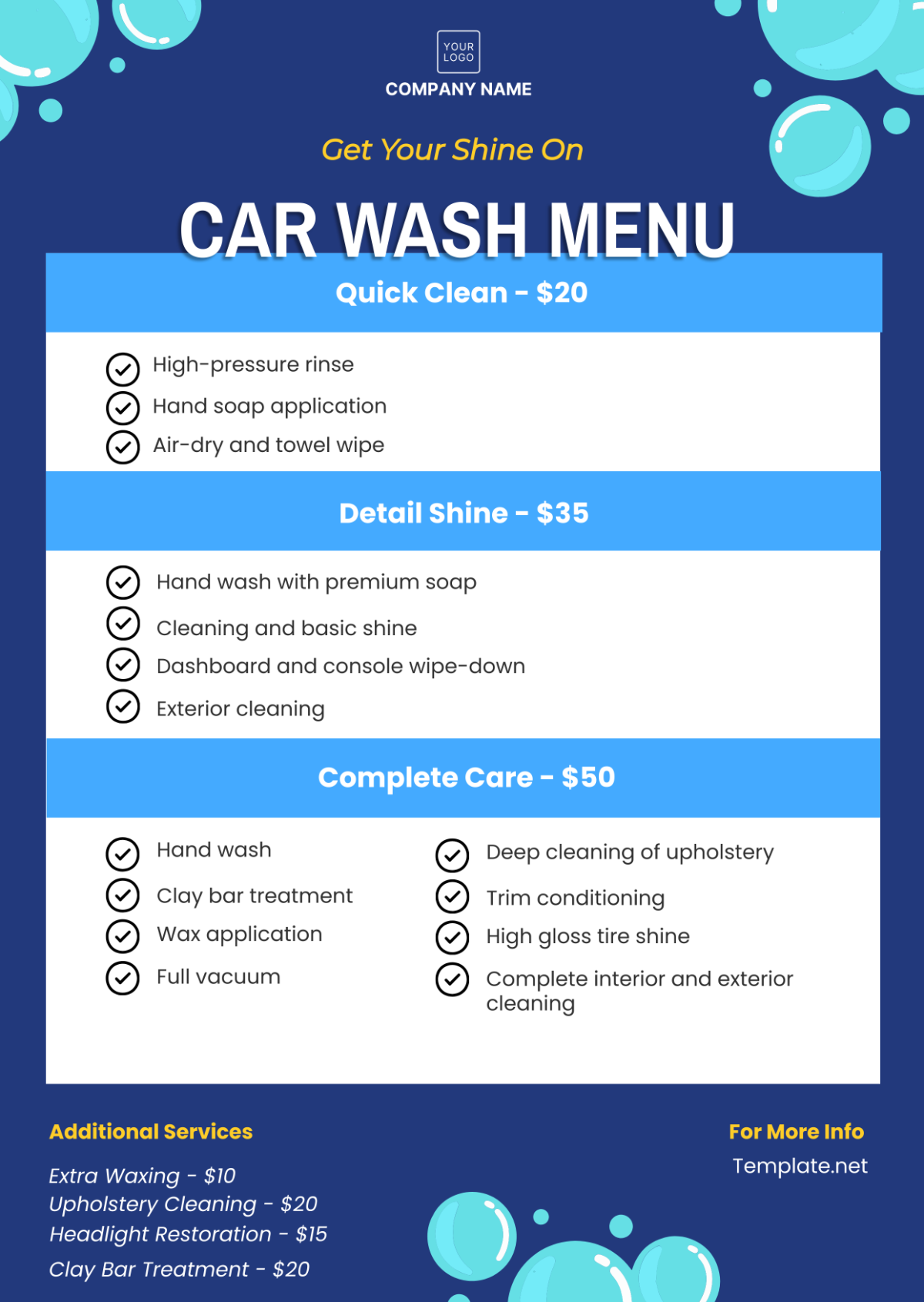 Car Wash Menu