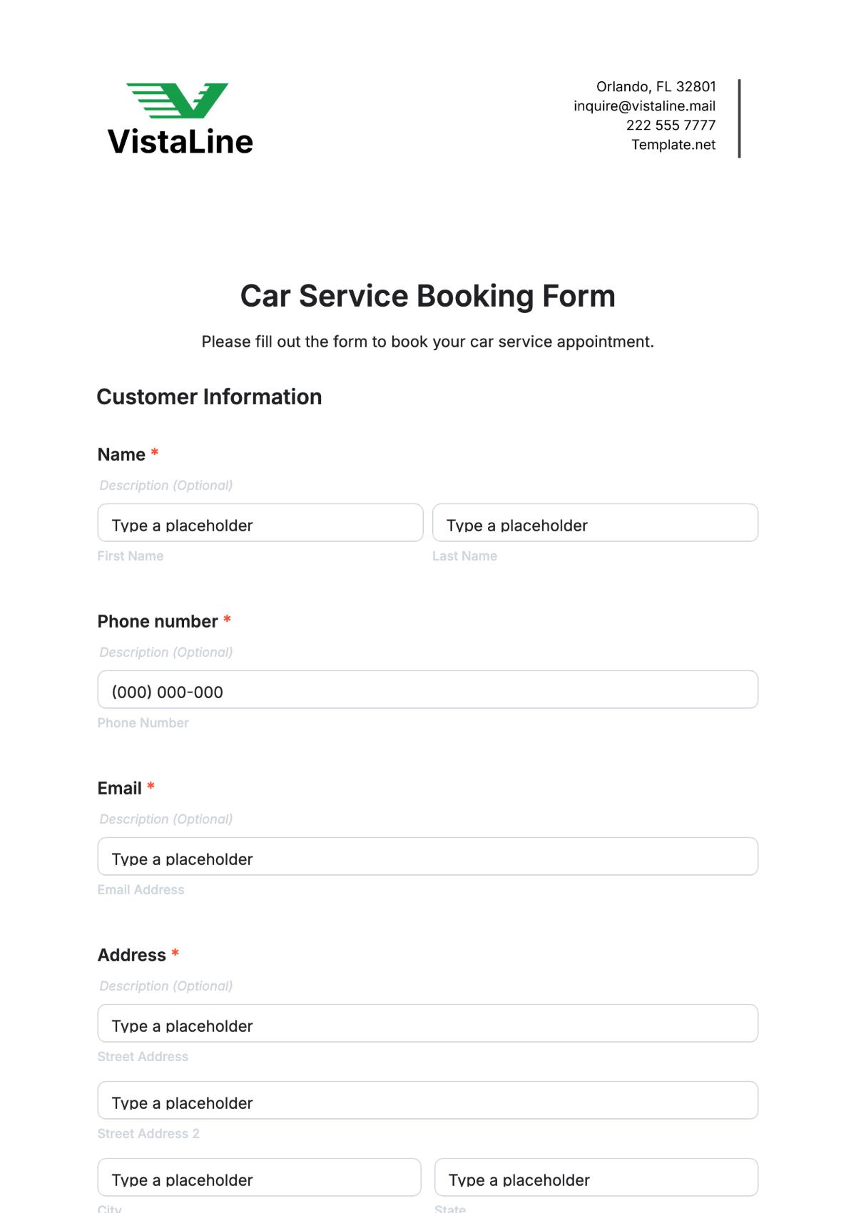 Car Service Booking Form Template - Edit Online & Download