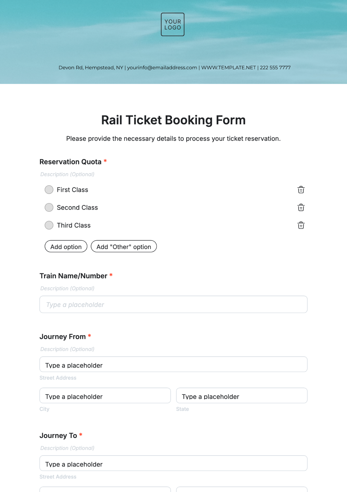 Rail Ticket Booking Form Template - Edit Online & Download