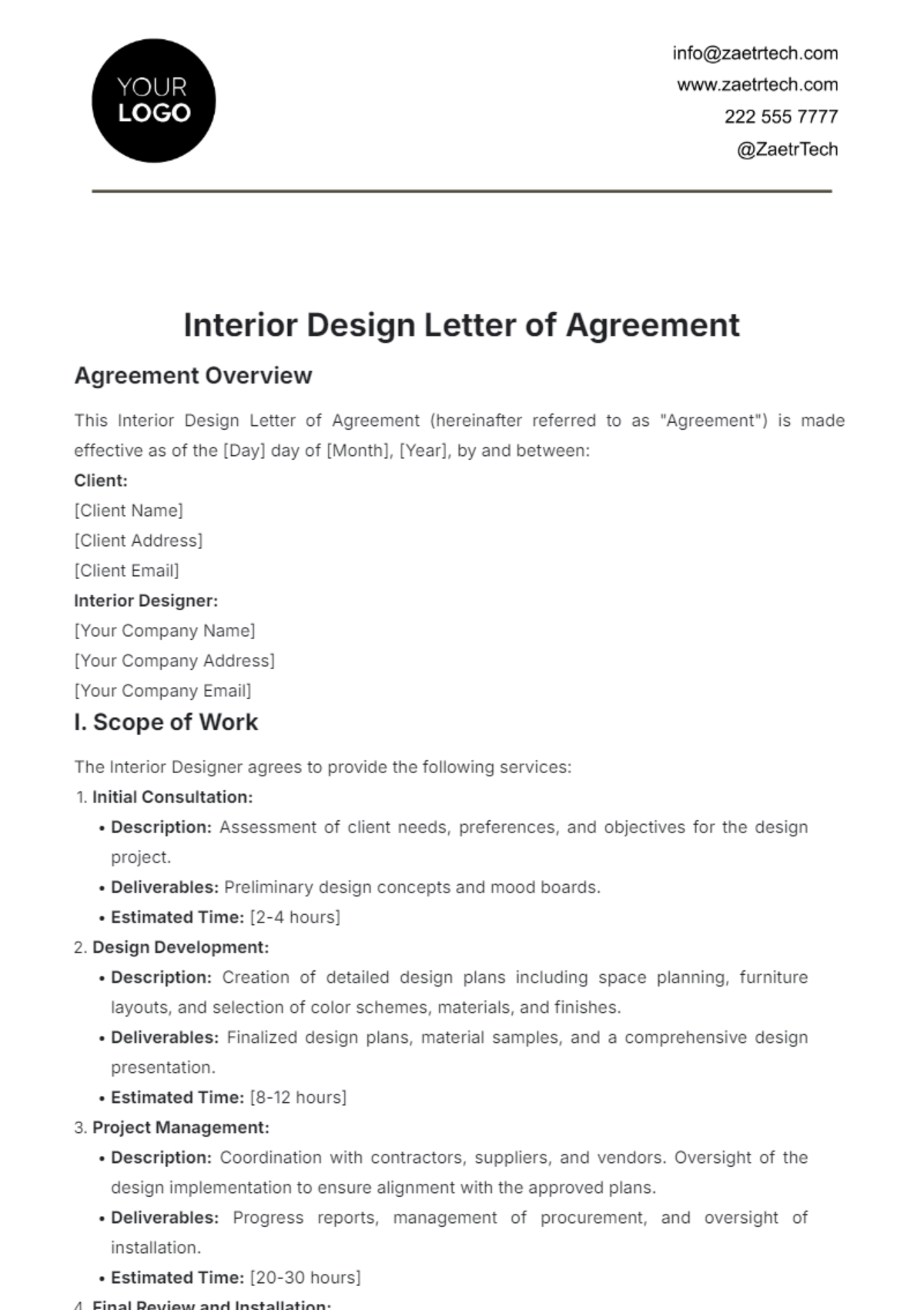 Interior Design Letter of Agreement Template - Edit Online & Download