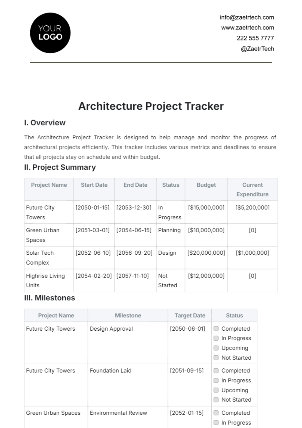 Architecture Project Tracker Template - Edit Online & Download