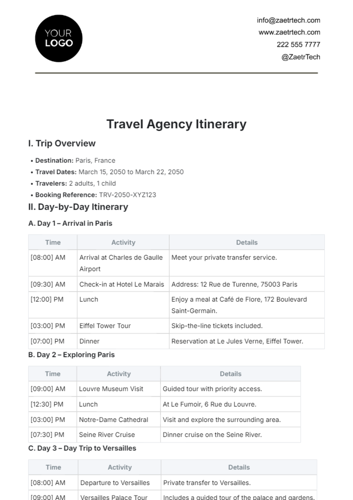 Travel Agency Itinerary Template - Edit Online & Download