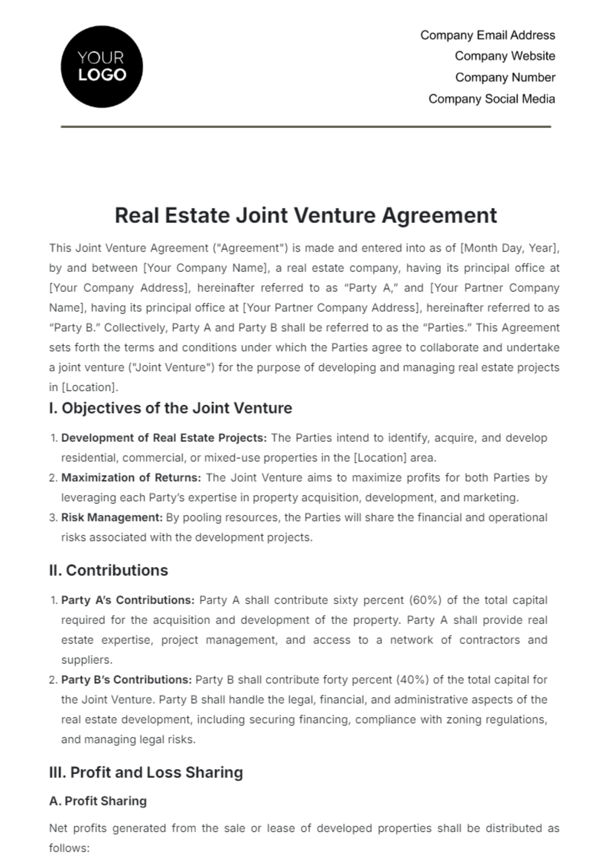 Real Estate Joint Venture Agreement Template - Edit Online & Download