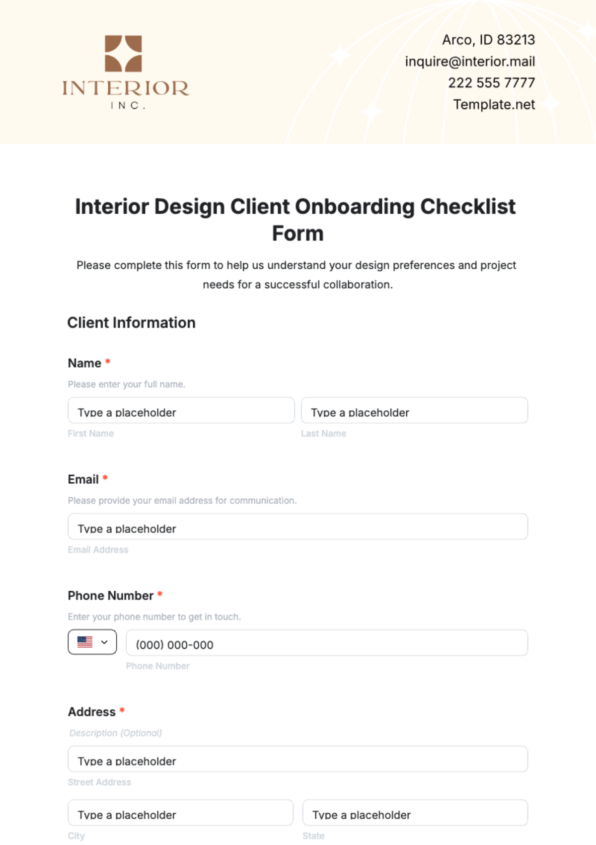 Interior Design Client Onboarding Checklist Form Template - Edit Online & Download