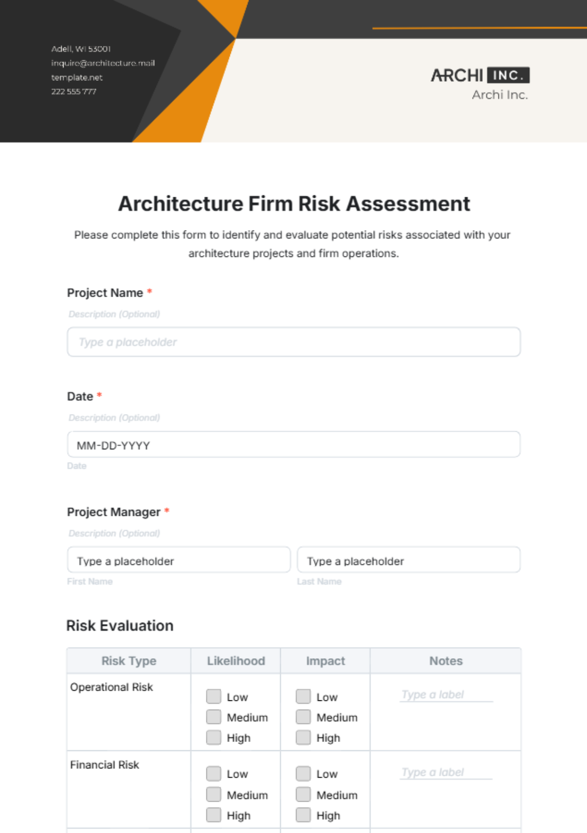 Architecture Firm Risk Assessment Form Template - Edit Online & Download