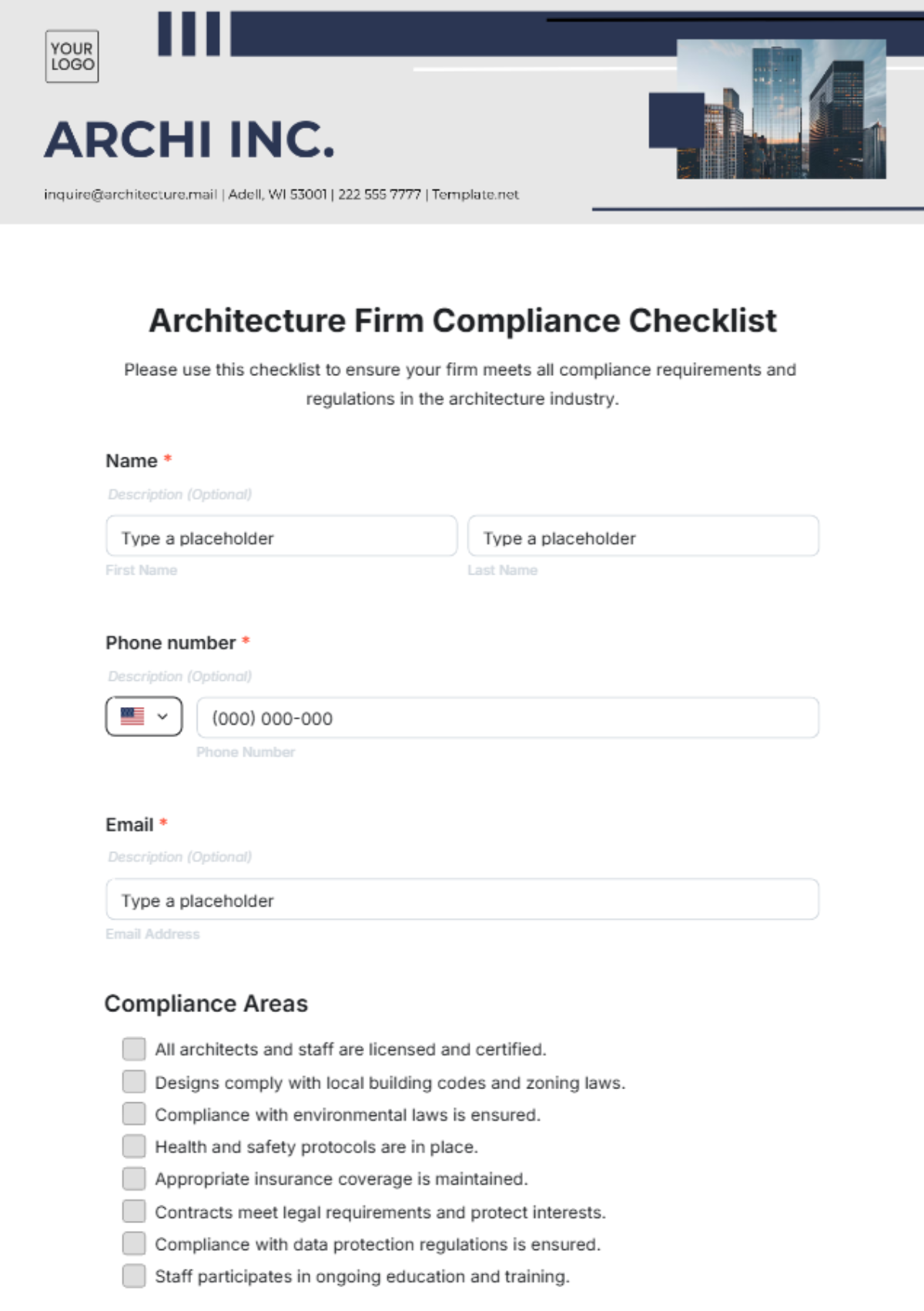 Architecture Firm Compliance Checklist Form Template - Edit Online & Download