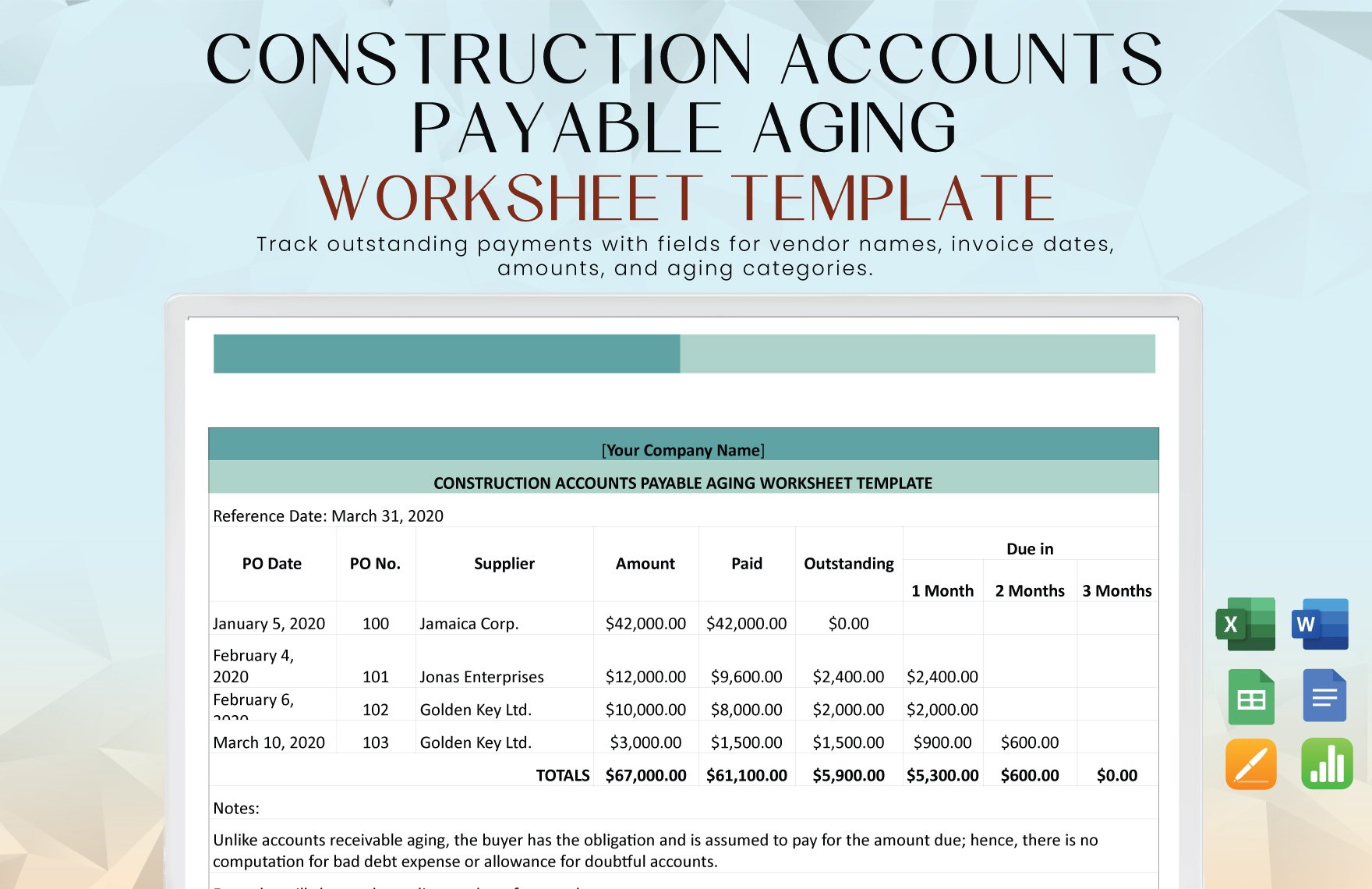 Construction Accounts Payable Aging Worksheet Template in Word, Google Docs, Excel, Google Sheets, Apple Pages, Apple Numbers