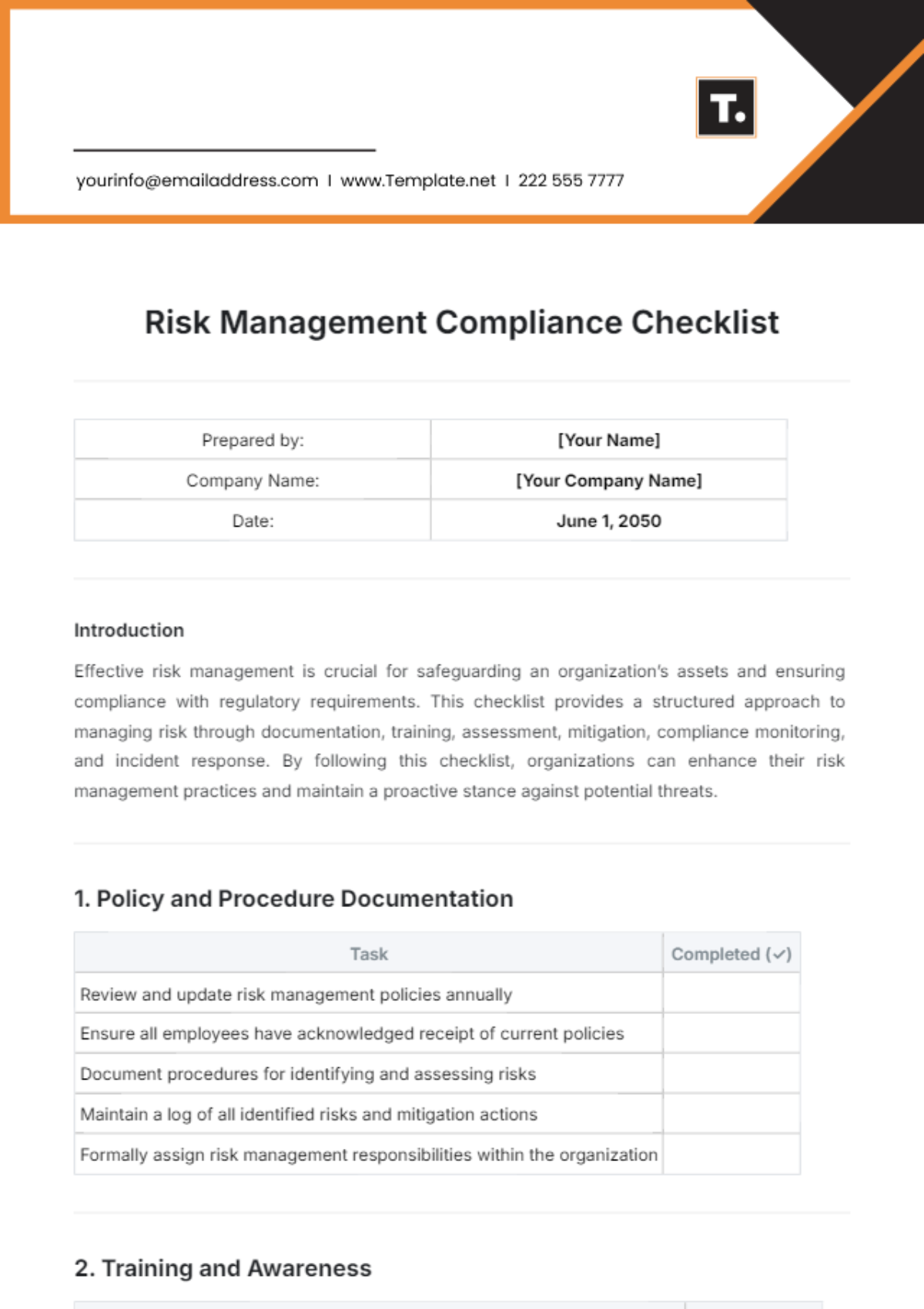 Free Risk Management Compliance Checklist Template to Edit Online