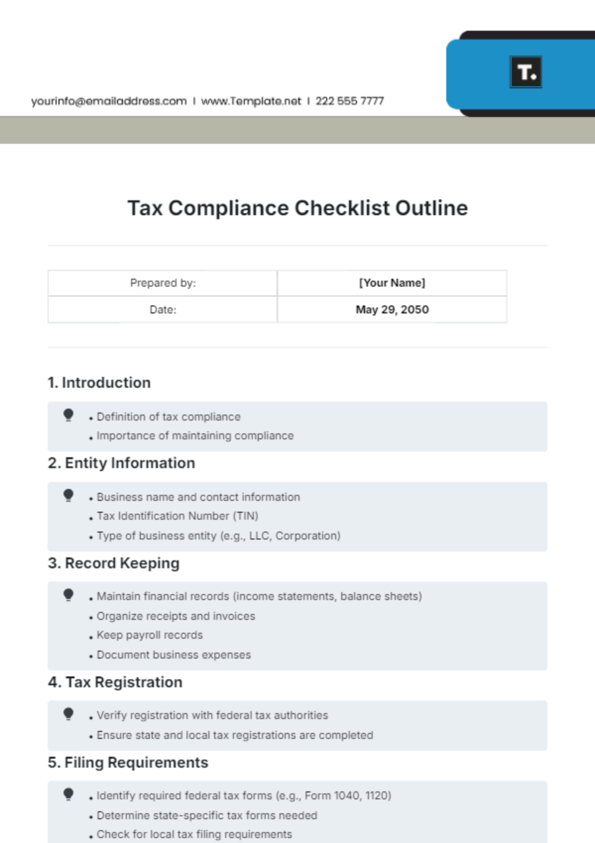 Tax Compliance Checklist Outline Template - Edit Online & Download