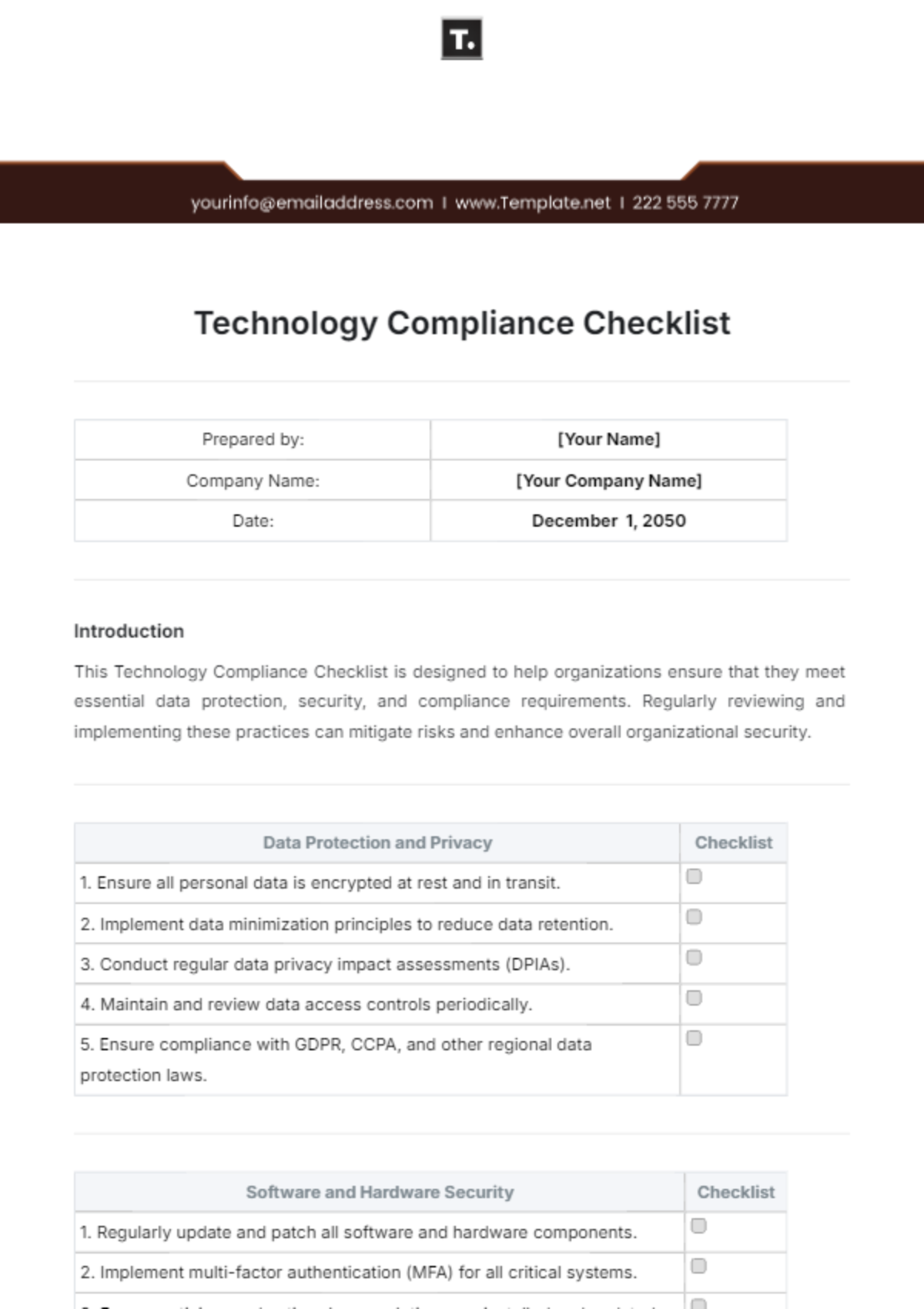 Technology Compliance Checklist Template - Edit Online & Download