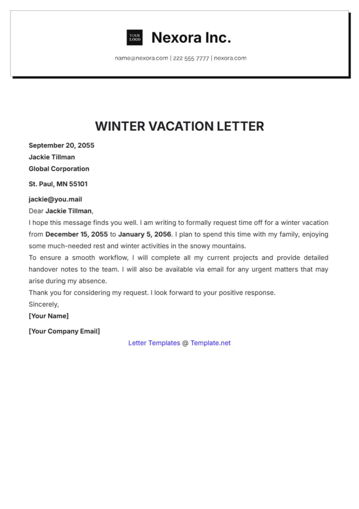 Winter Vacation Letter Template