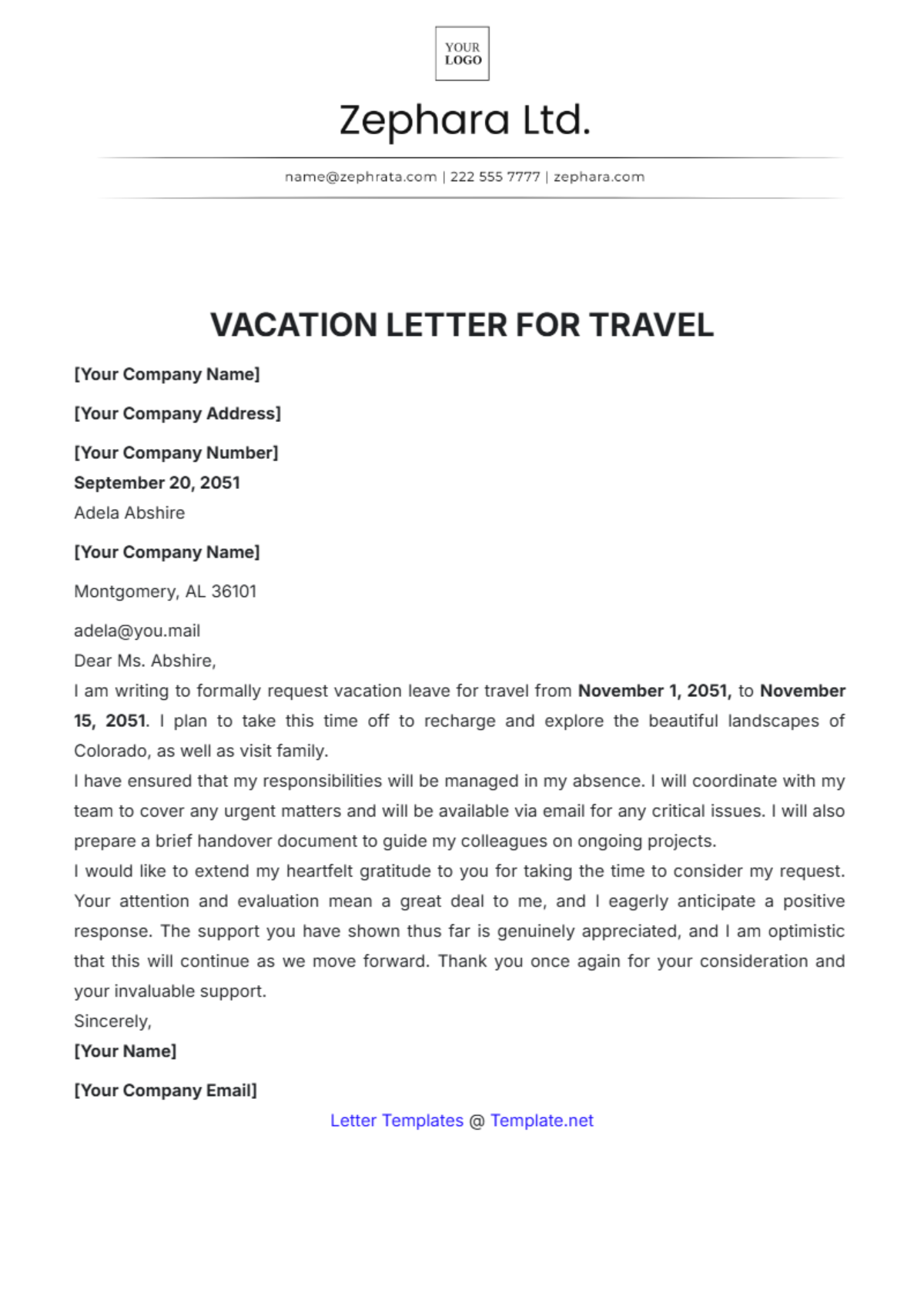 Vacation Letter for Travel Template