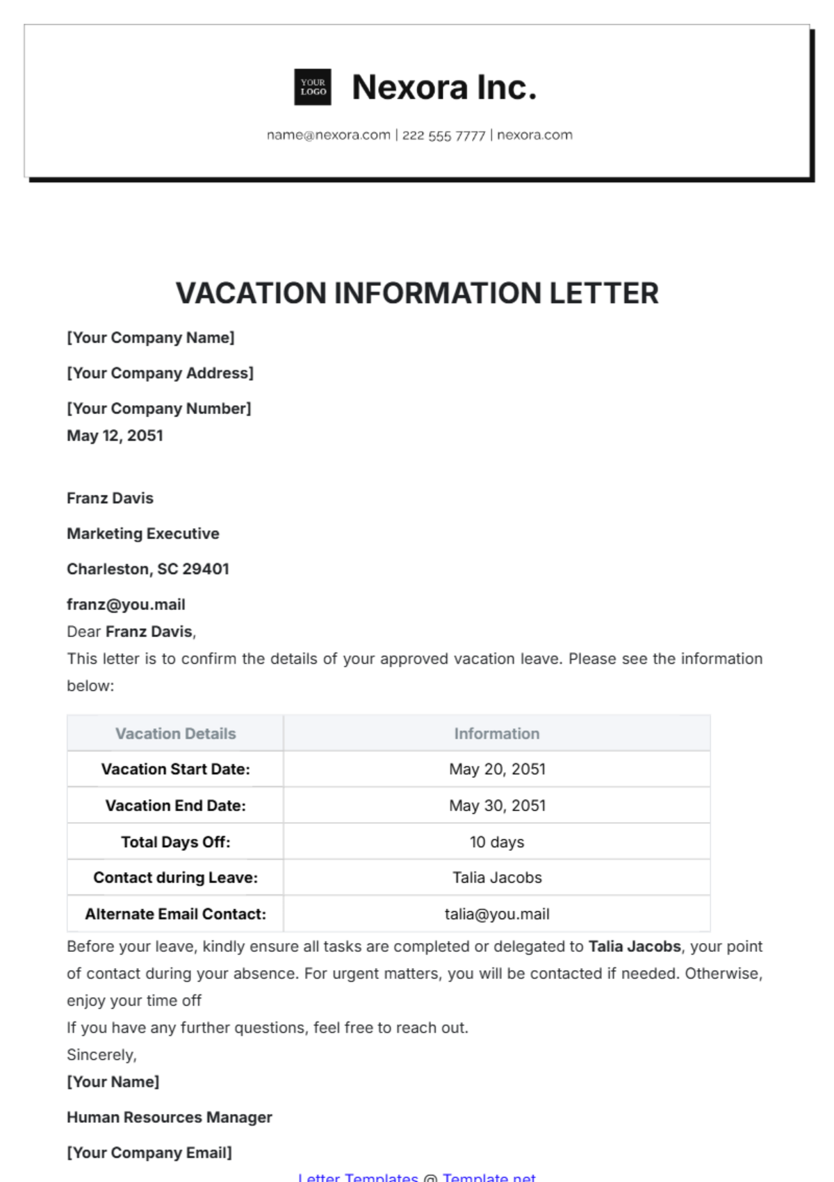 Vacation Information Letter Template