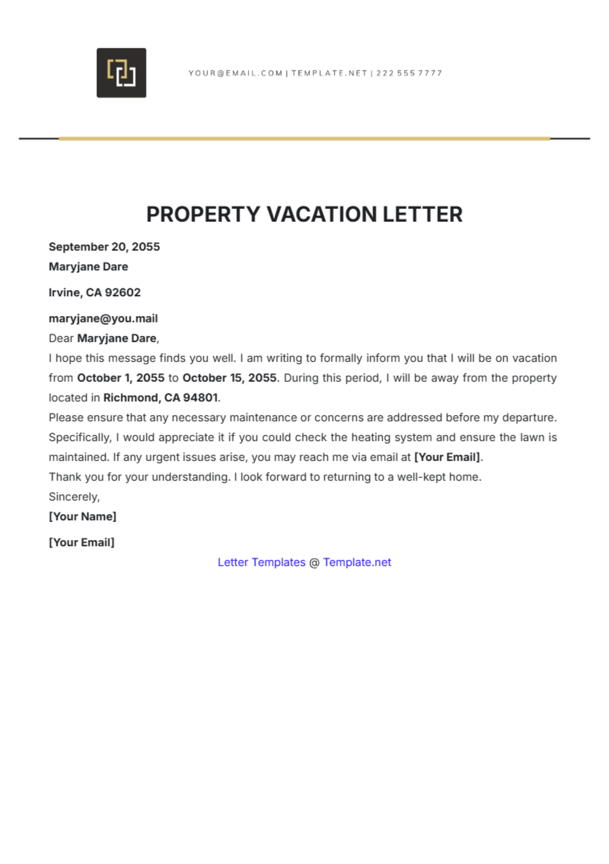 Property Vacation Letter Template