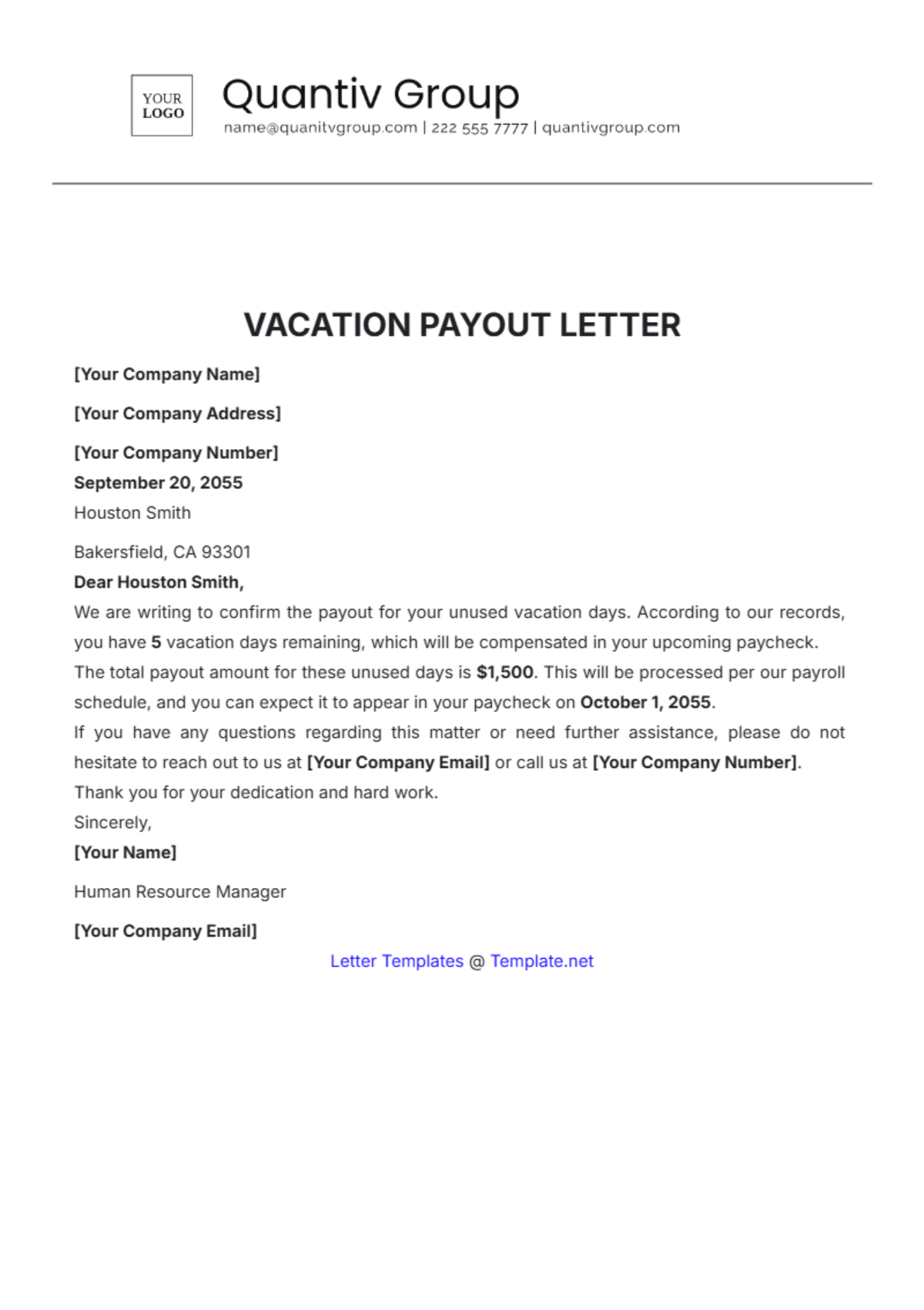 Vacation Payout Letter Template - Edit Online & Download