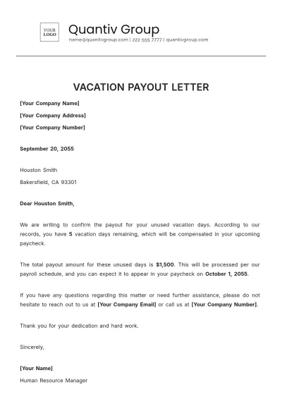 Free Vacation Payout Letter Template to Edit Online
