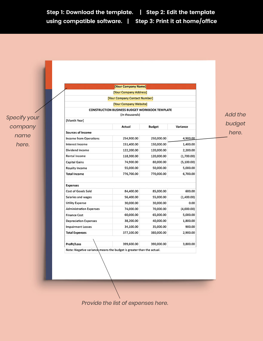 Construction Business Budget Workbook Template - Google Docs, Google ...