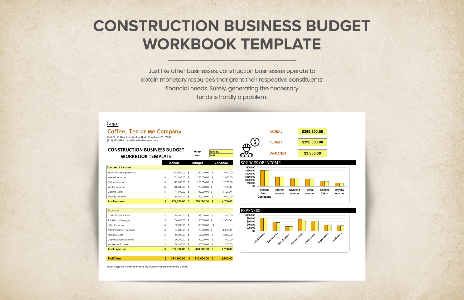 Construction Business Budget Workbook Template