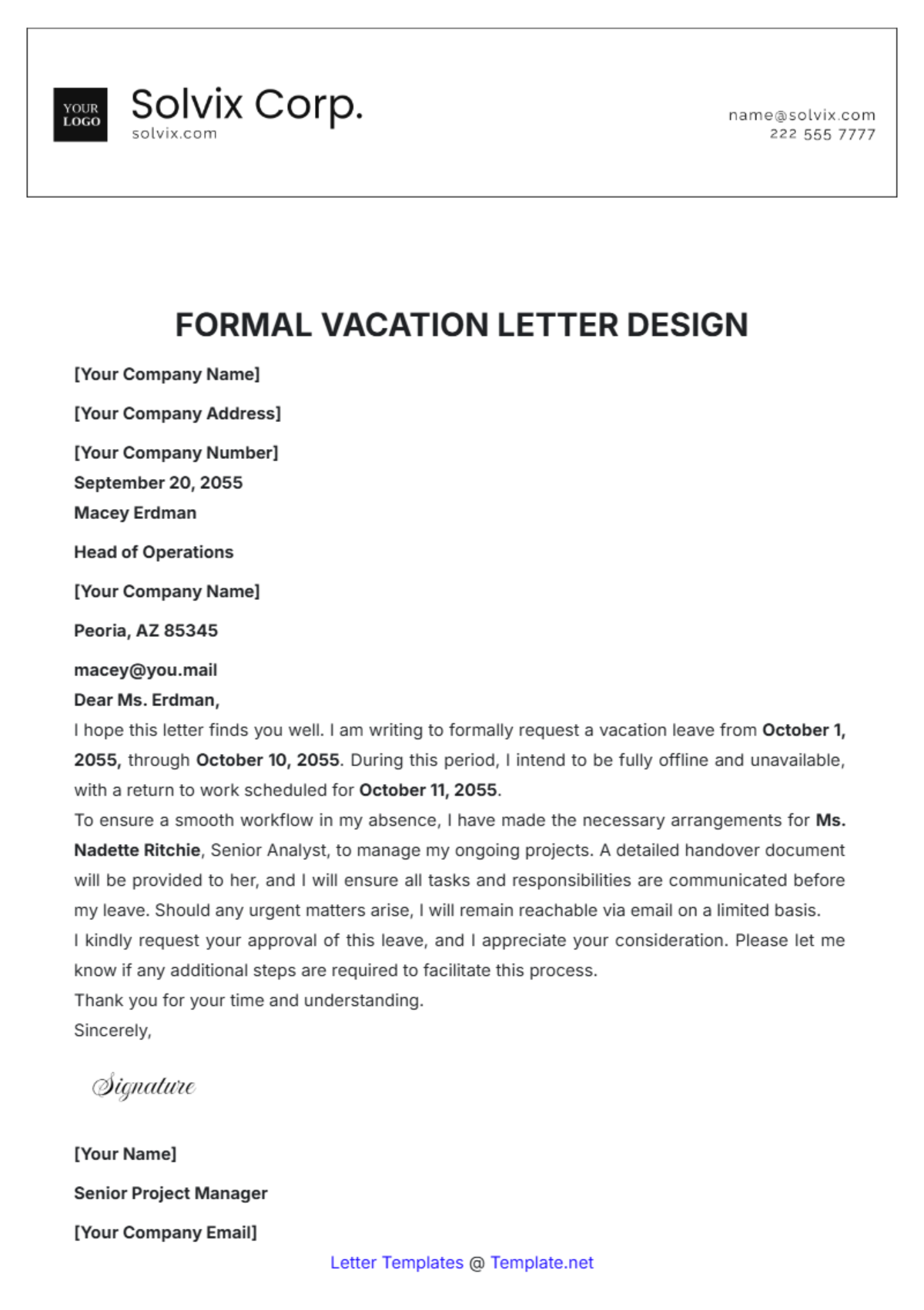 Formal Vacation Letter Design Template - Edit Online & Download