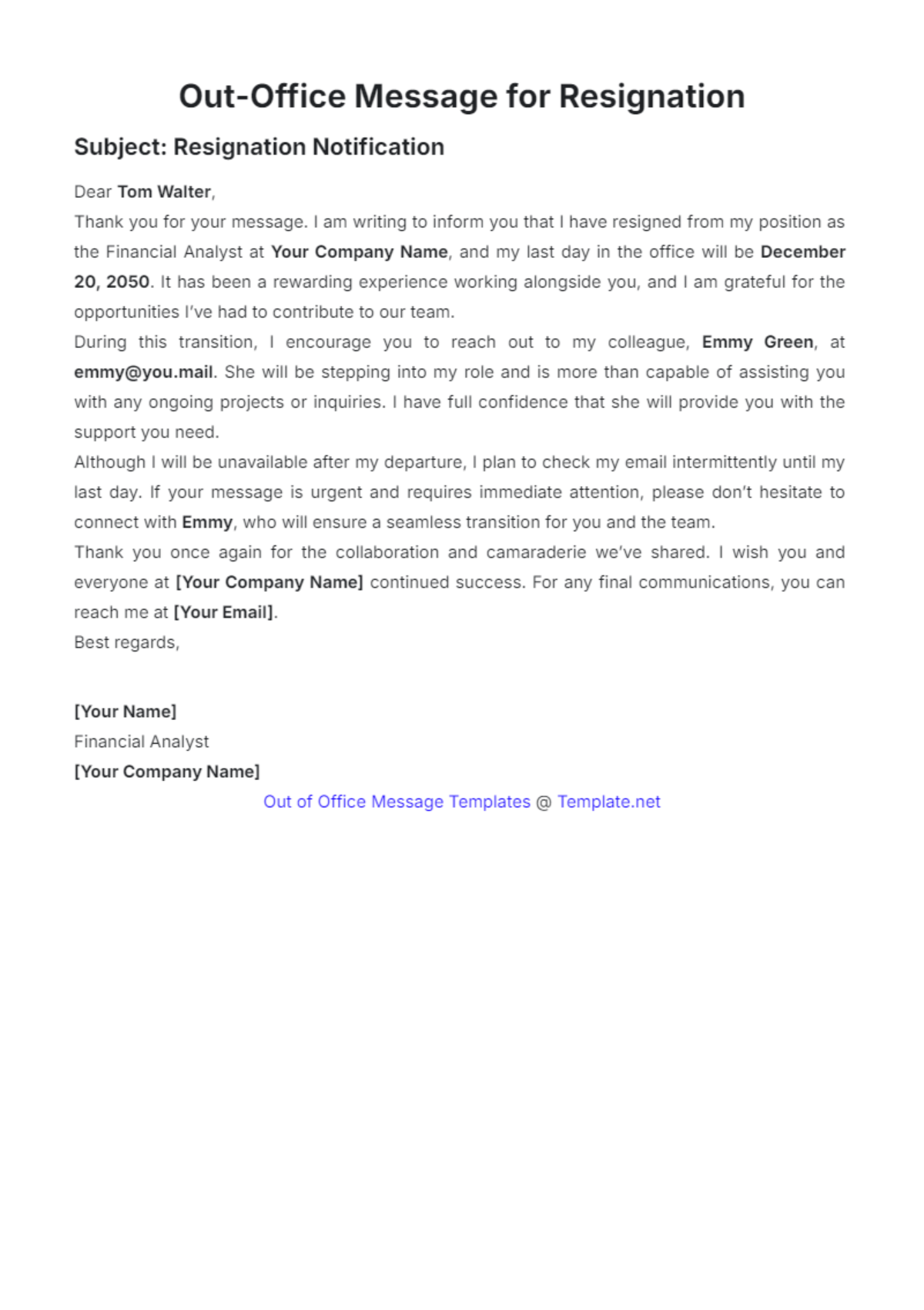 Out of Office Message for Resignation Template