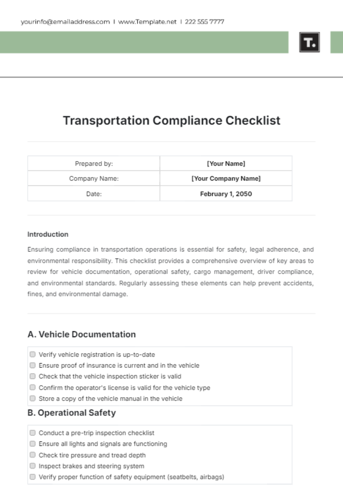 Free Transportation Compliance Checklist Template - Edit Online ...