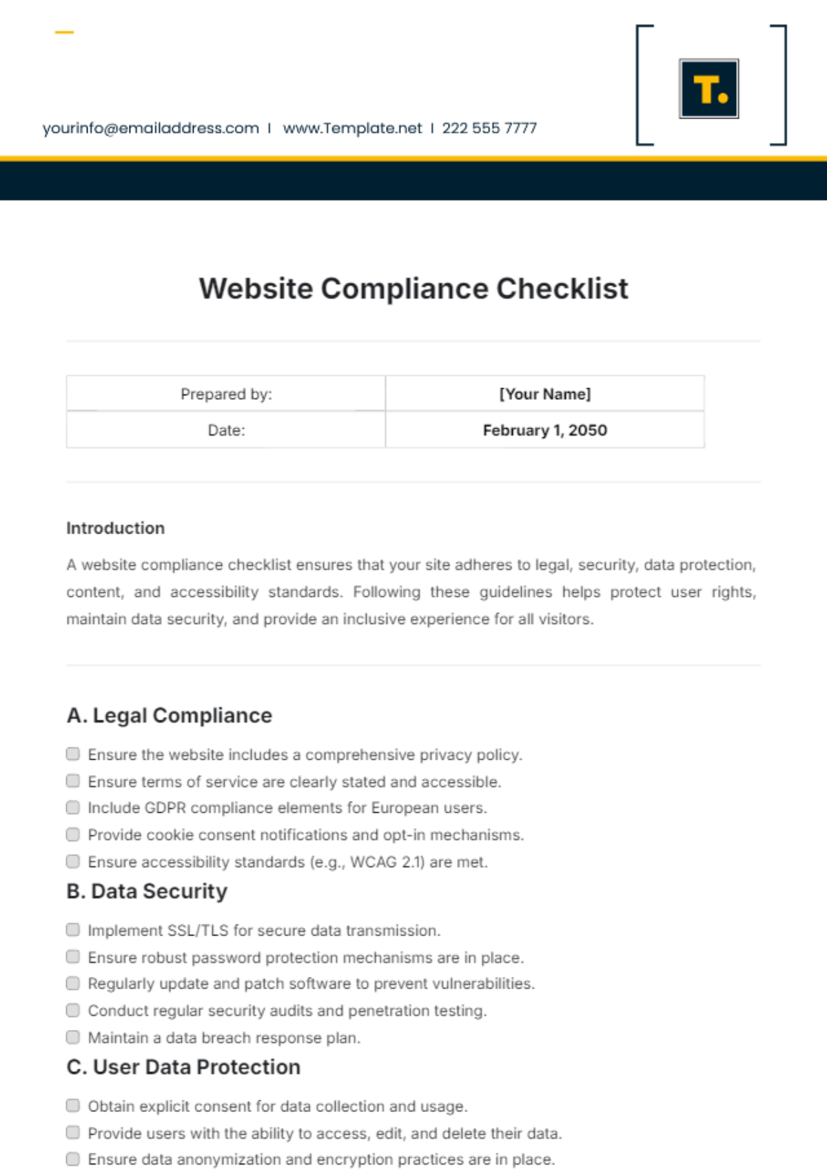 Website Compliance Checklist Template - Edit Online & Download