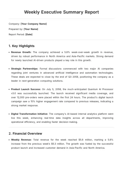 Free Weekly Executive Summary Report Template to Edit Online